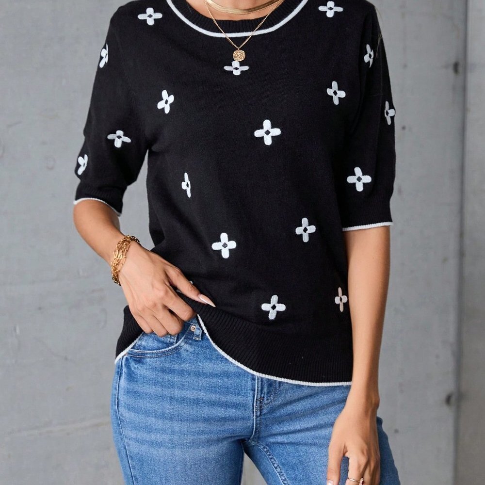 Black Casual womens Floral Pattern Knit Top - Picture 5 of 5
